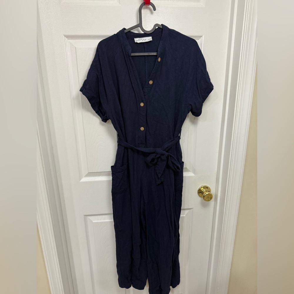 Petal And Pup Navy Blue Linen Short Sleeve Jumpsuit Size 10 Casual Summer - Picture 2 of 9